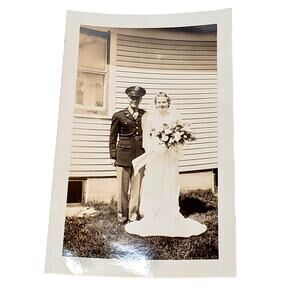 Vtg 1940s B&W Young Couple Just Married Military Wife Bride Uniform House Behind